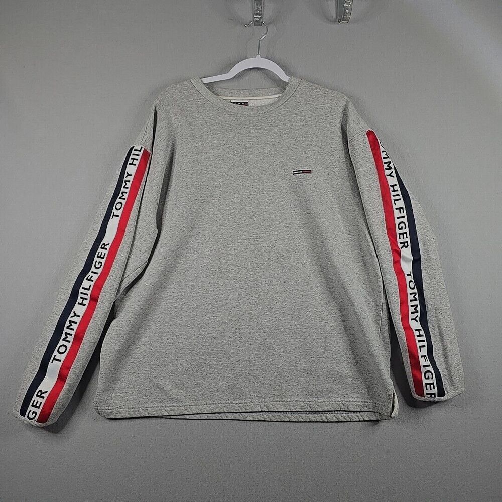 Vintage Tommy Hilfiger Sweatshirt Gray Ribbon Long Sleeve Pullover 90s Size XL